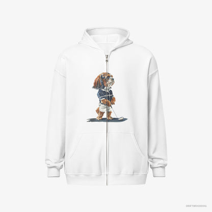 Beagle Hoodie – Men White Hoodie Full-Zip – Practicing the Perfect Putt (on White Background)