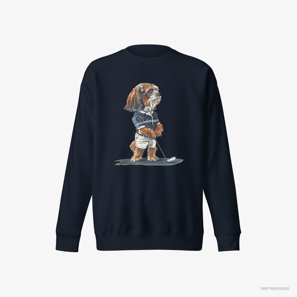 Beagle Sweatshirt – Men Navy Sweatshirt Eco-Friendly – Practicing the Perfect Putt (on White Background)