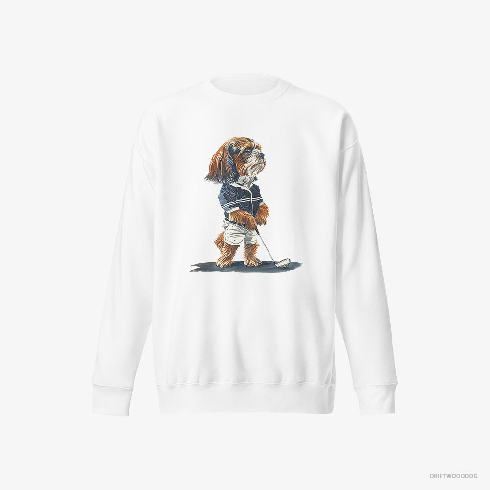 Beagle Sweatshirt – Men White Sweatshirt Eco-Friendly – Practicing the Perfect Putt (on White Background)