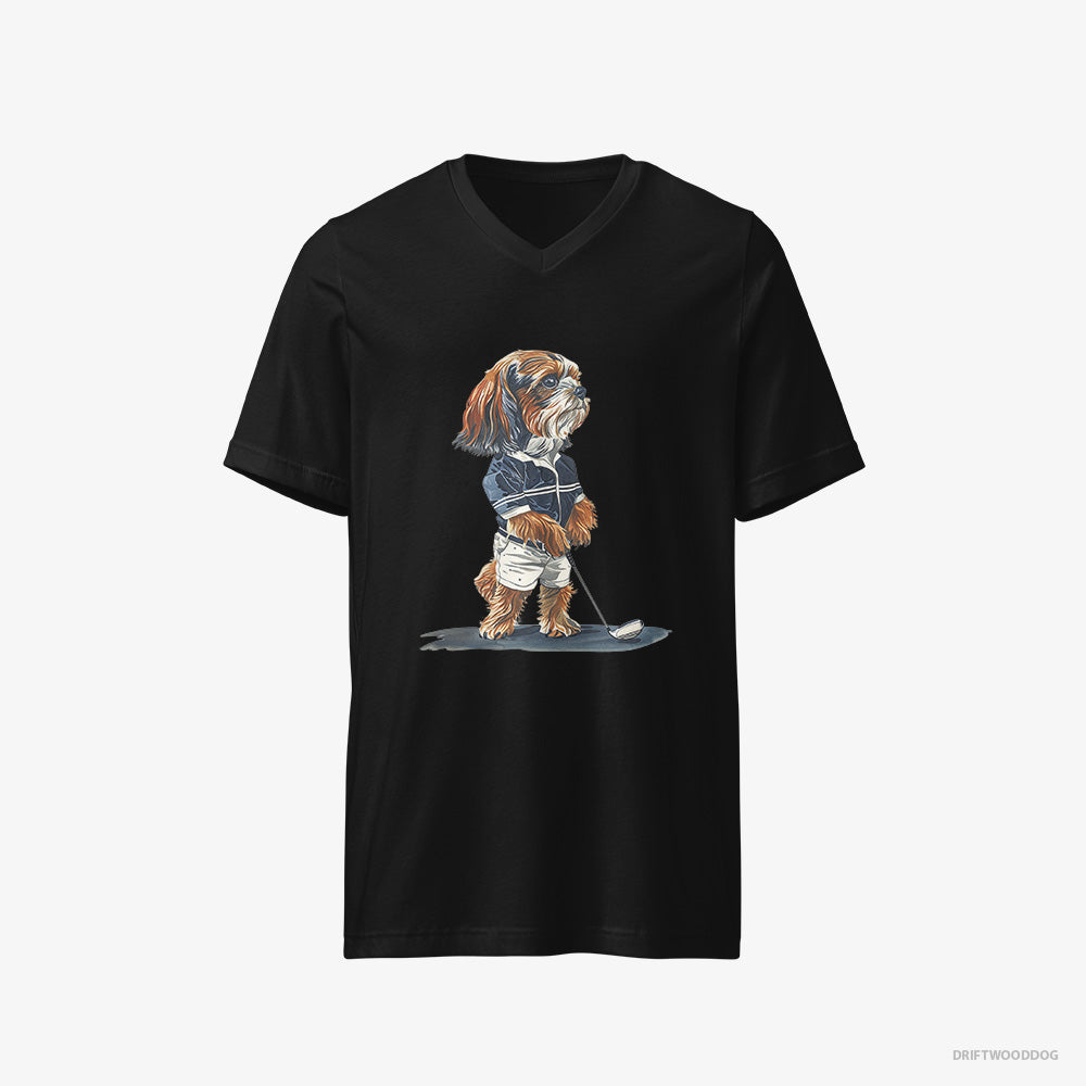 Beagle T-Shirt – Men Black T-Shirt V-Neck – Practicing the Perfect Putt (on White Background)