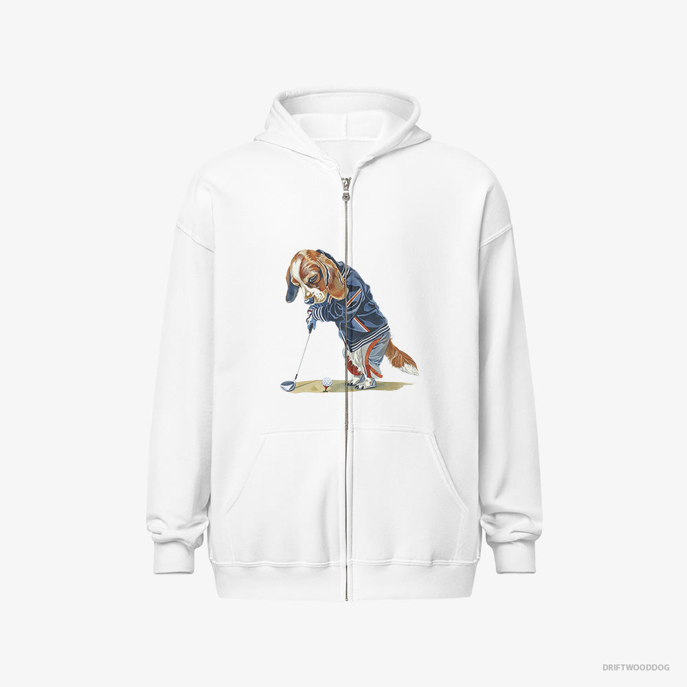 Beagle Hoodie – Women White Hoodie Full-Zip – Crushing the Golf Ball (on White Background)