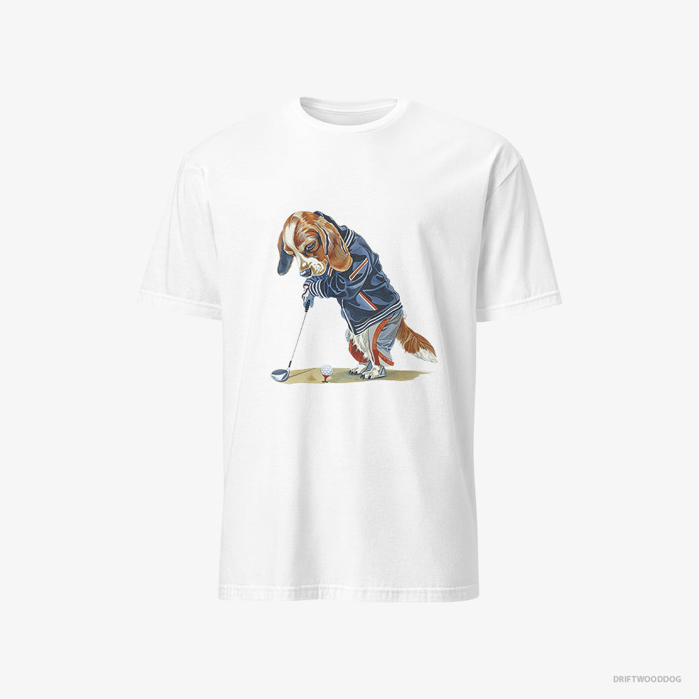 Beagle T-Shirt – Men White T-Shirt Classic – Crushing the Golf Ball (on White Background)