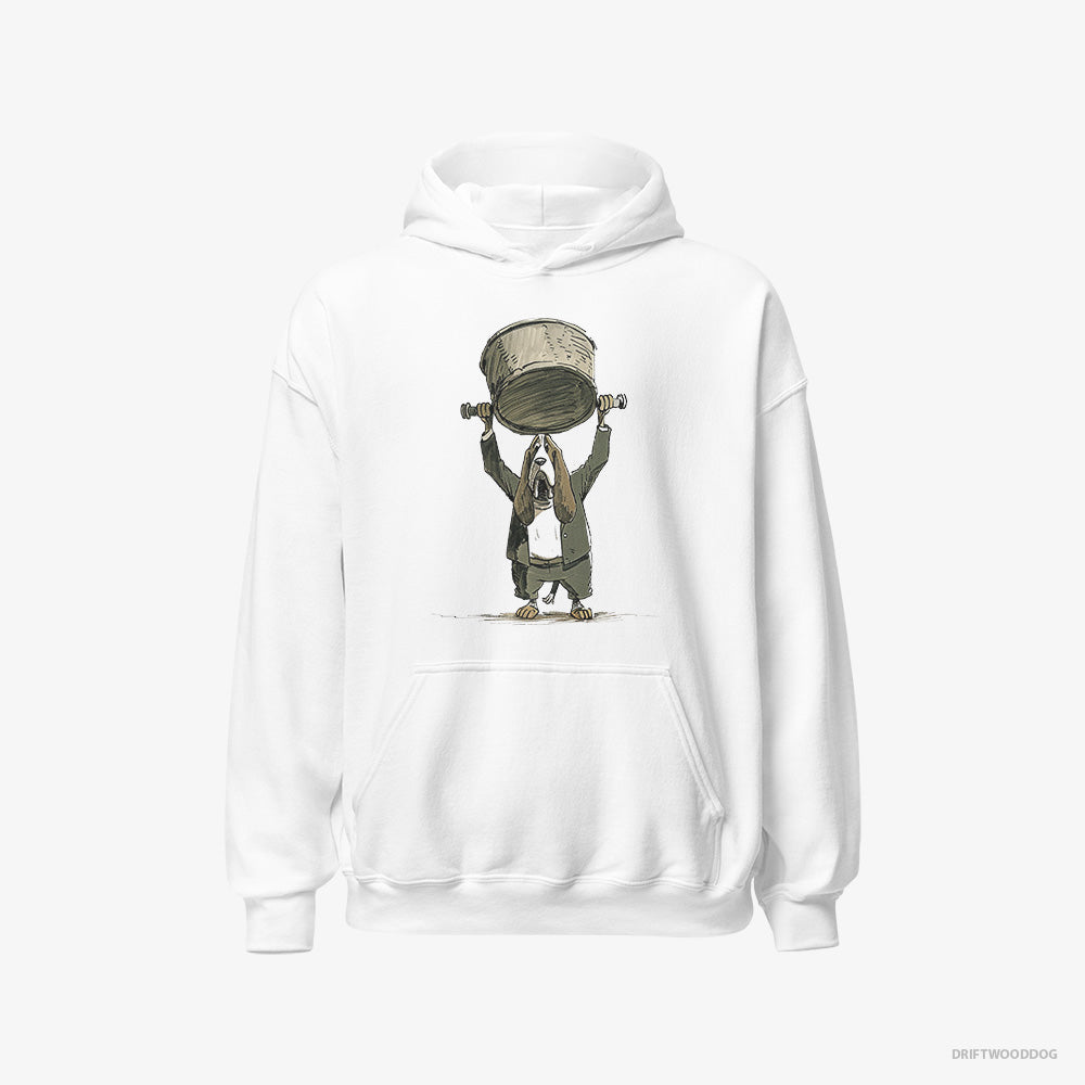 Basset Hound Hoodie – Men White Hoodie Classic – Swinging a Bowl Overhead (on White Background)