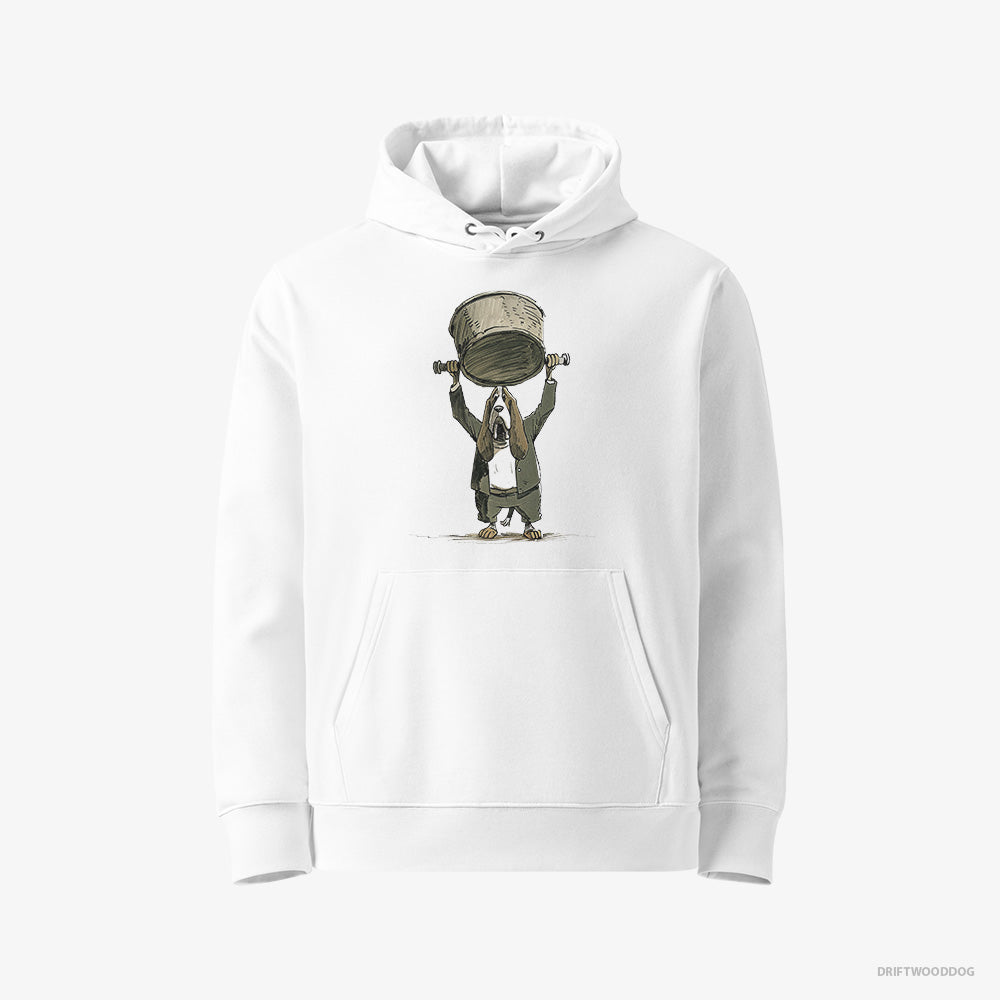 Basset Hound Hoodie – Women White Hoodie Eco-Friendly – Swinging a Bowl Overhead (on White Background)