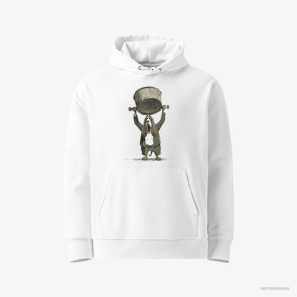 Basset Hound Hoodie – Men White Hoodie Eco-Friendly – Swinging a Bowl Overhead (on White Background)