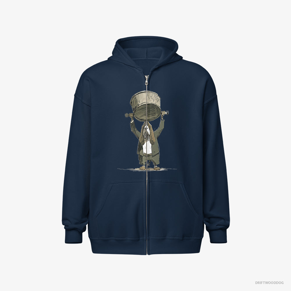 Basset Hound Hoodie – Men Navy Hoodie Full-Zip – Swinging a Bowl Overhead (on White Background)