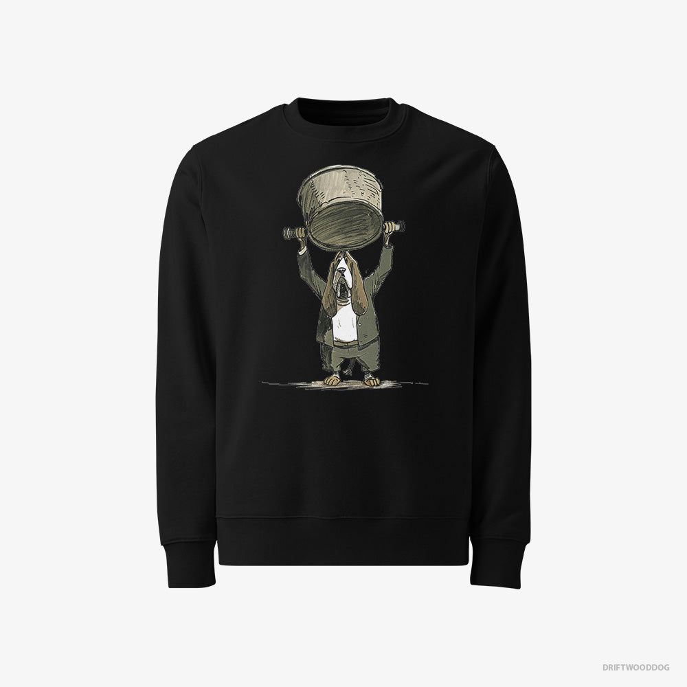 Basset Hound Sweatshirt – Men Black Sweatshirt Classic – Swinging a Bowl Overhead (on White Background)