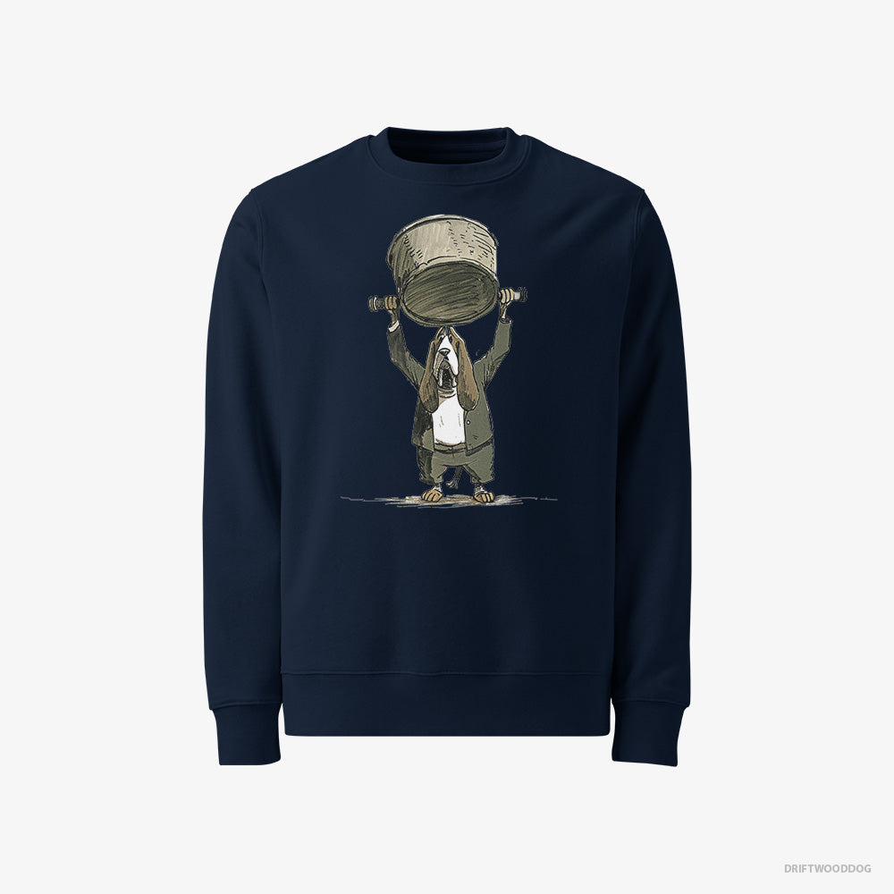 Basset Hound Sweatshirt – Men Navy Sweatshirt Classic – Swinging a Bowl Overhead (on White Background)