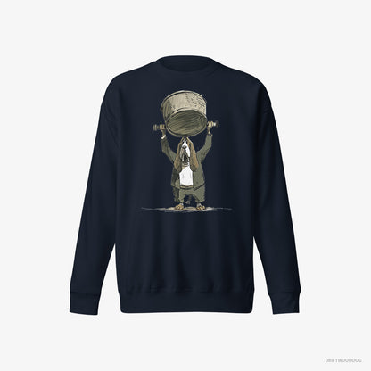 Basset Hound Sweatshirt – Men Navy Sweatshirt Eco-Friendly – Swinging a Bowl Overhead (on White Background)