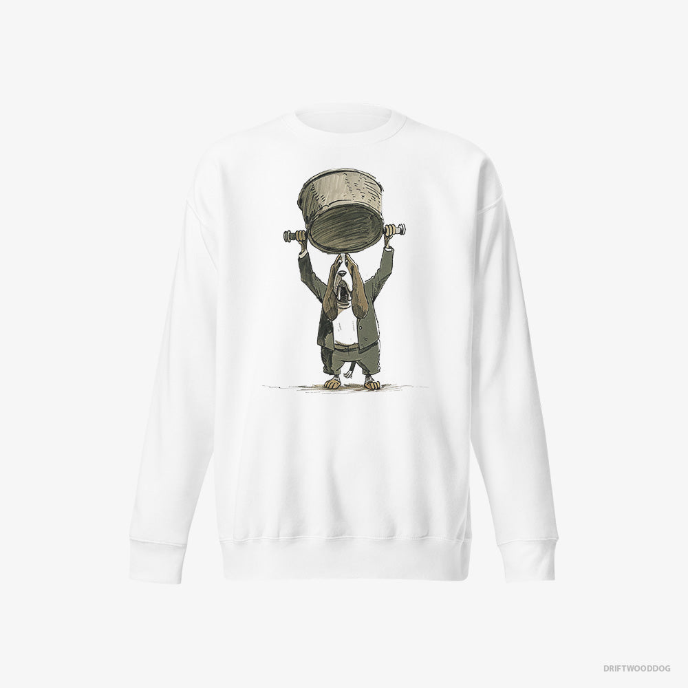 Basset Hound Sweatshirt – Men White Sweatshirt Eco-Friendly – Swinging a Bowl Overhead (on White Background)