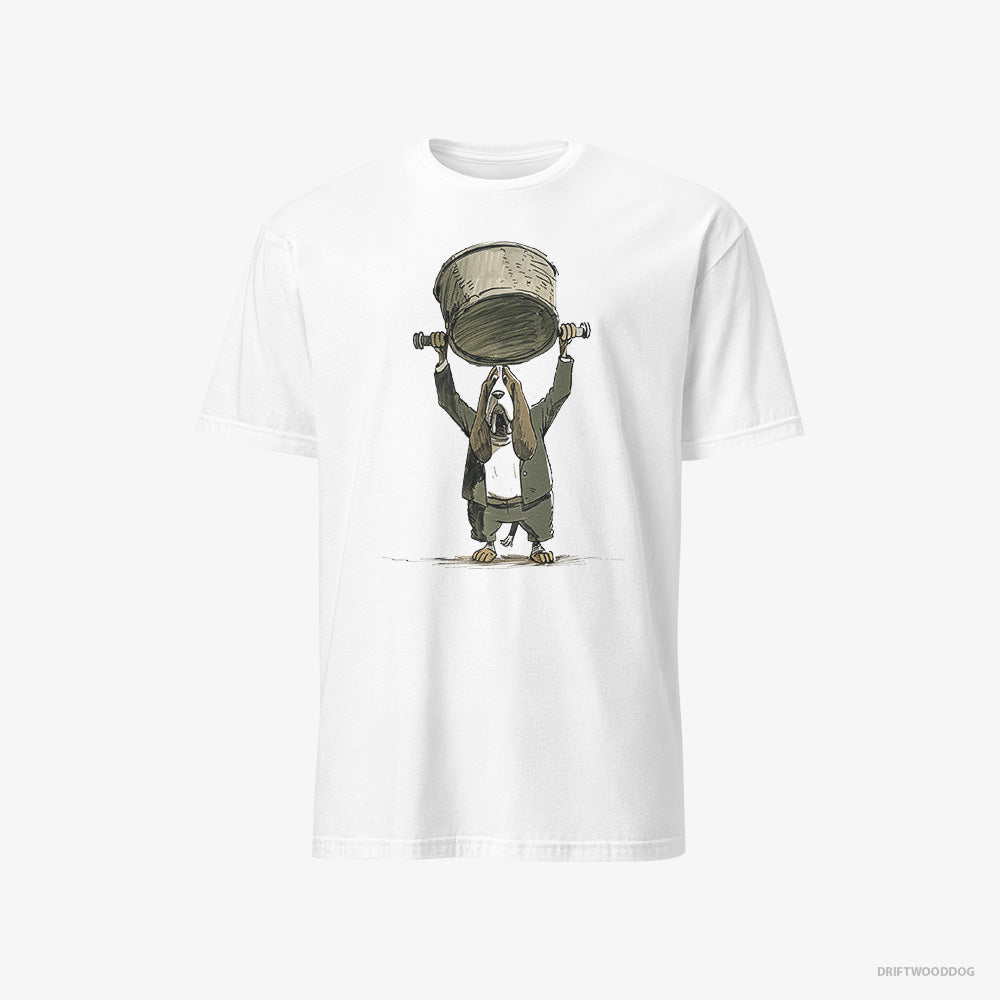 Basset Hound T-Shirt – Men White T-Shirt Classic – Swinging a Bowl Overhead (on White Background)