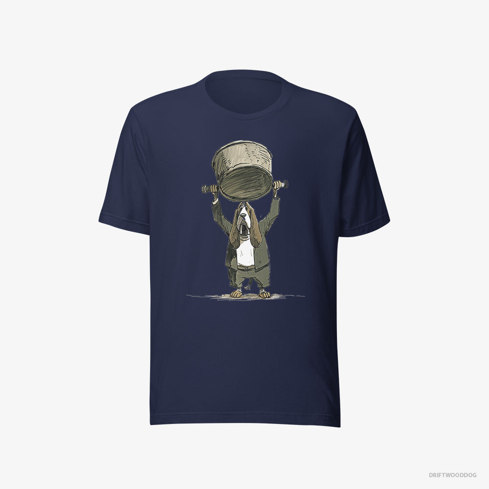 Basset Hound T-Shirt – Men Navy T-Shirt Eco-Friendly – Swinging a Bowl Overhead (on White Background)