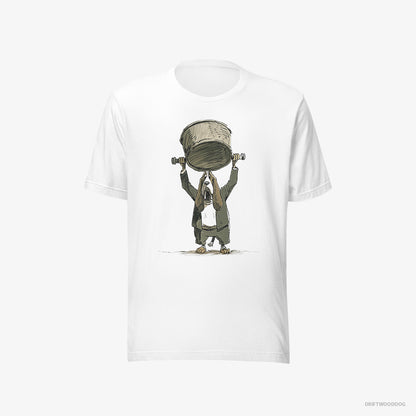 Basset Hound T-Shirt – Men White T-Shirt Eco-Friendly – Swinging a Bowl Overhead (on White Background)