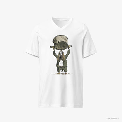 Basset Hound T-Shirt – Men White T-Shirt V-Neck – Swinging a Bowl Overhead (on White Background)