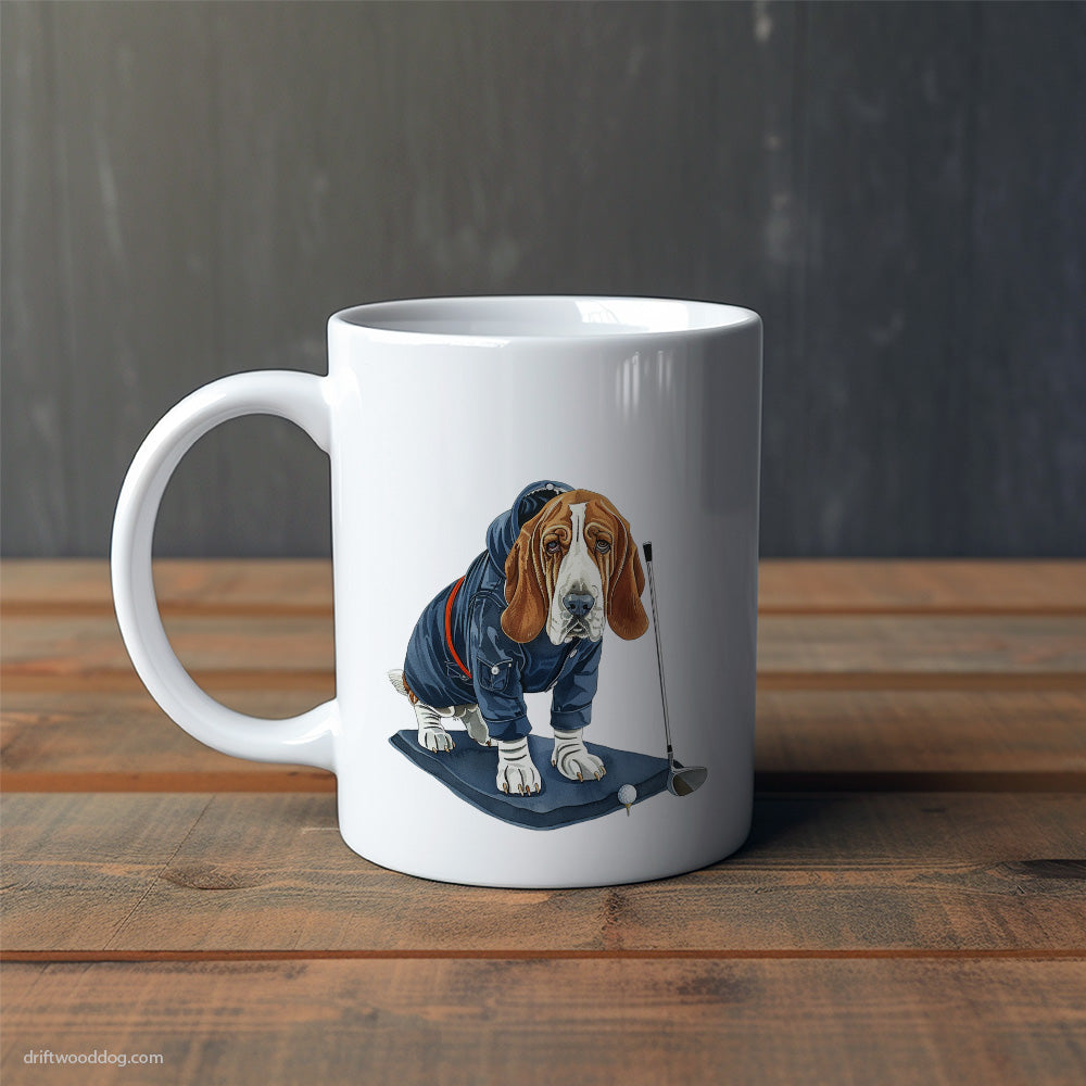 Basset Hound on a Golf Journey Mug – Cute Dog-Themed Mugs | Perfect Gifts for Dog Lovers