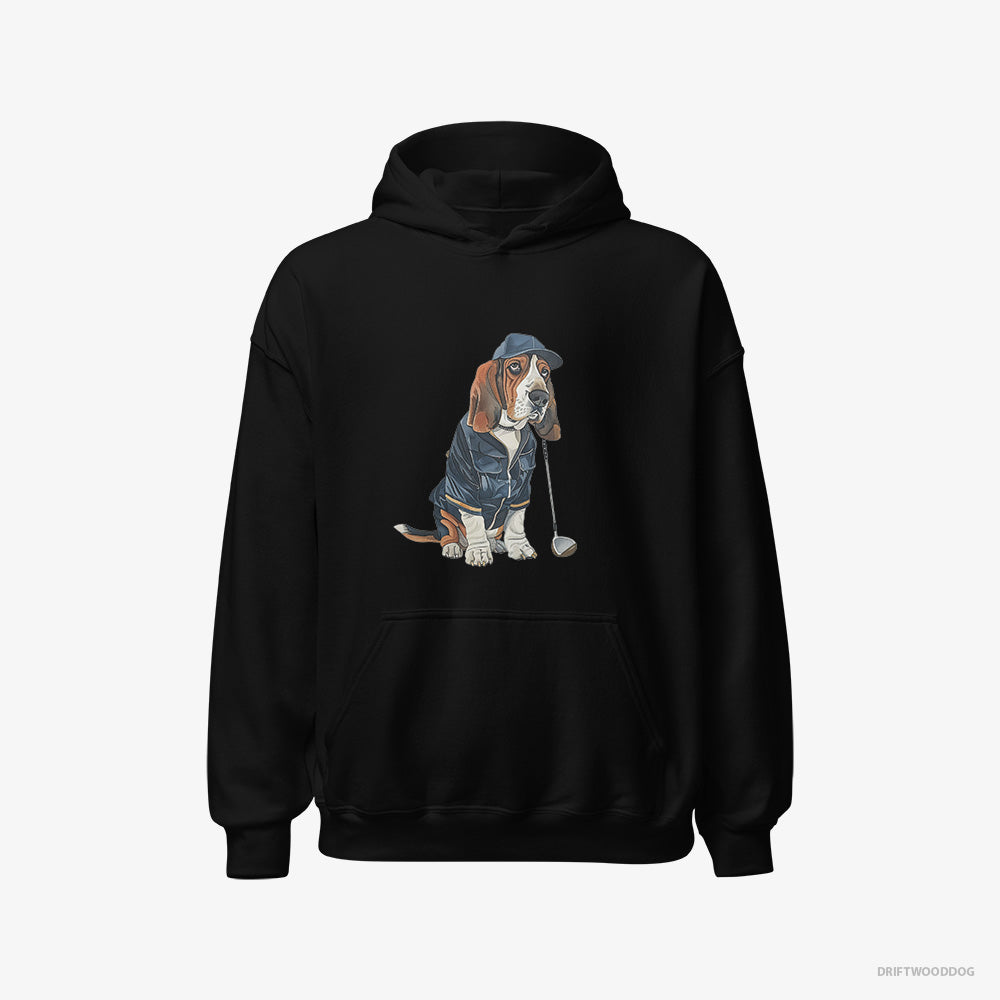 Basset Hound Hoodie – Men Black Hoodie Classic – Ready for a Golf Challenge (on White Background)