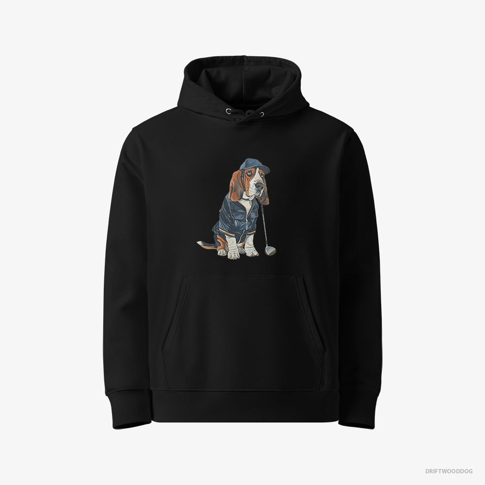 Basset Hound Hoodie – Women Black Hoodie Eco-Friendly – Ready for a Golf Challenge (on White Background)