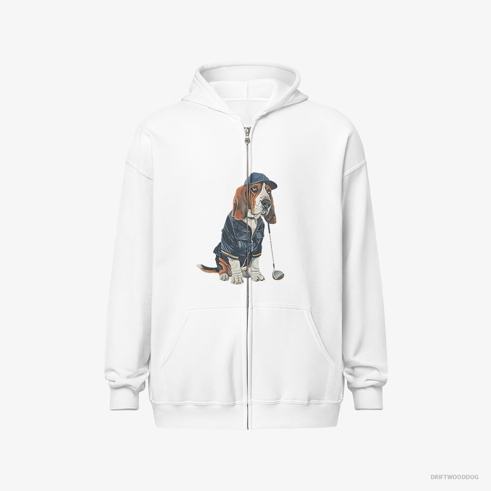 Basset Hound Hoodie – Women White Hoodie Full-Zip – Ready for a Golf Challenge (on White Background)