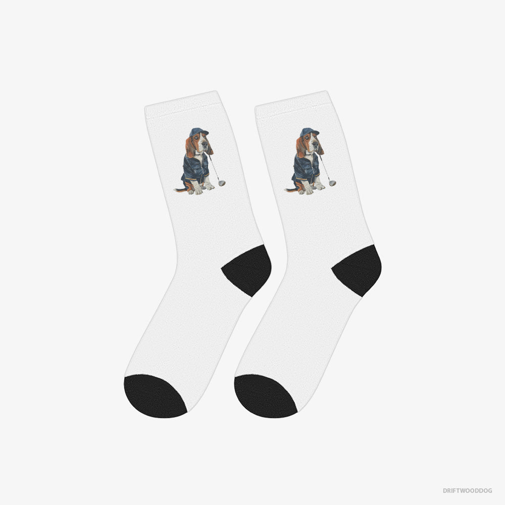 Basset Hound Socks – Unisex White Socks Classic – Ready for a Golf Challenge (on White Background)