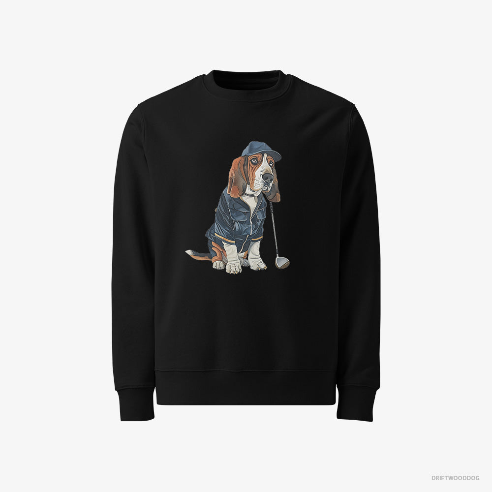 Basset Hound Sweatshirt – Men Black Sweatshirt Classic – Ready for a Golf Challenge (on White Background)