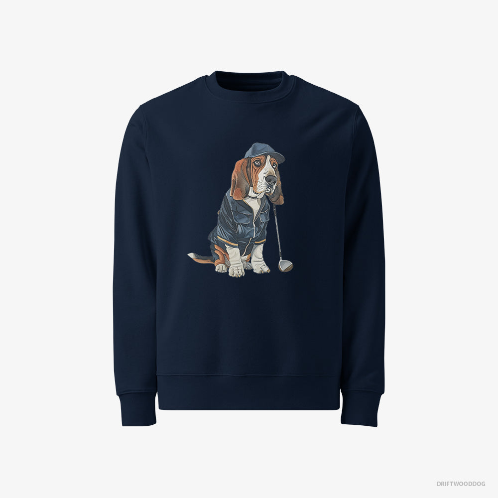 Basset Hound Sweatshirt – Men Navy Sweatshirt Classic – Ready for a Golf Challenge (on White Background)