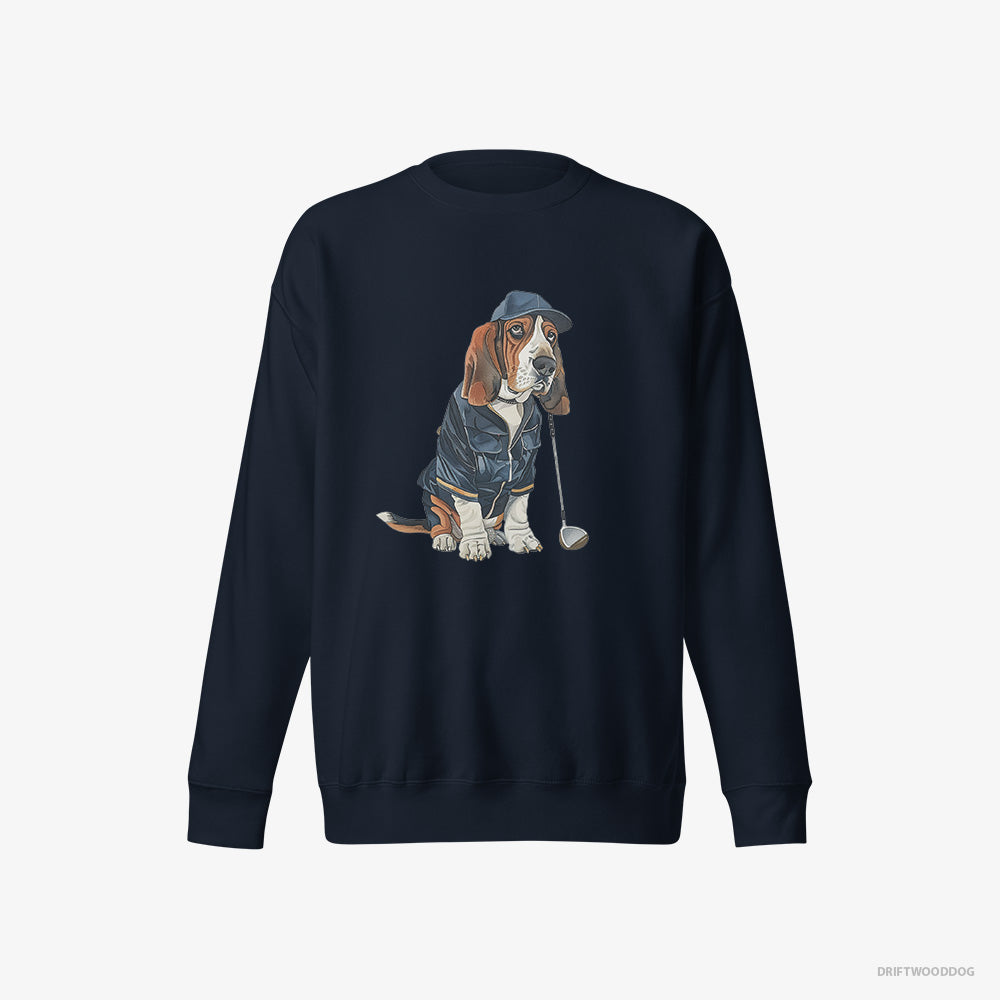 Basset Hound Sweatshirt – Men Navy Sweatshirt Eco-Friendly – Ready for a Golf Challenge (on White Background)