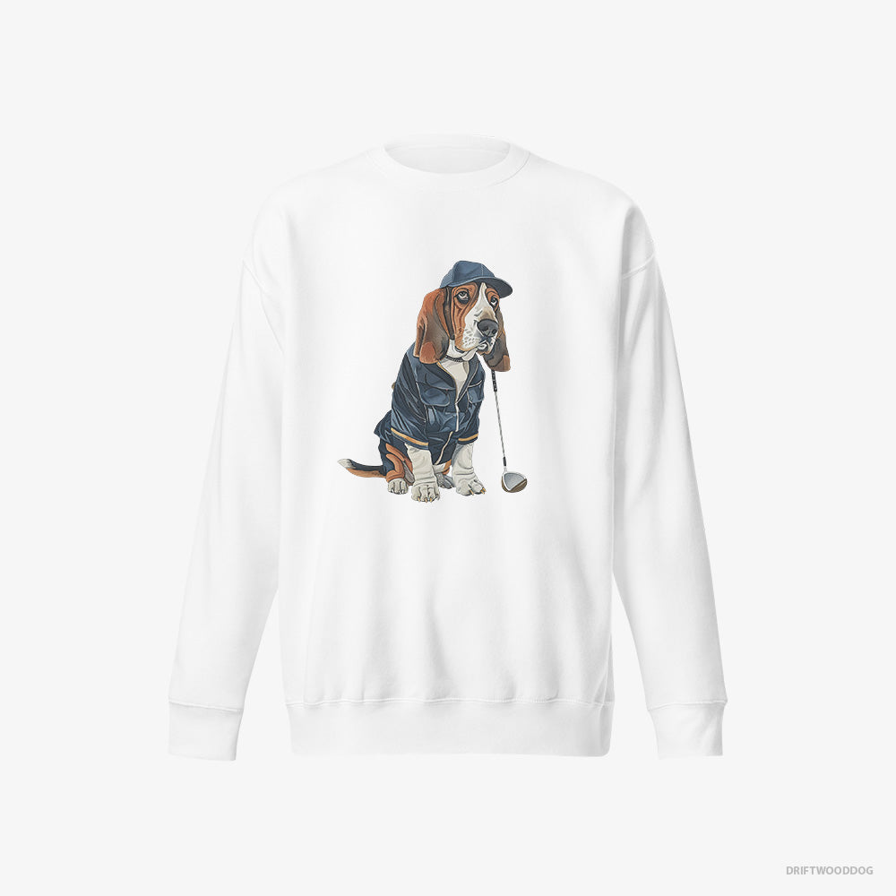 Basset Hound Sweatshirt – Men White Sweatshirt Eco-Friendly – Ready for a Golf Challenge (on White Background)