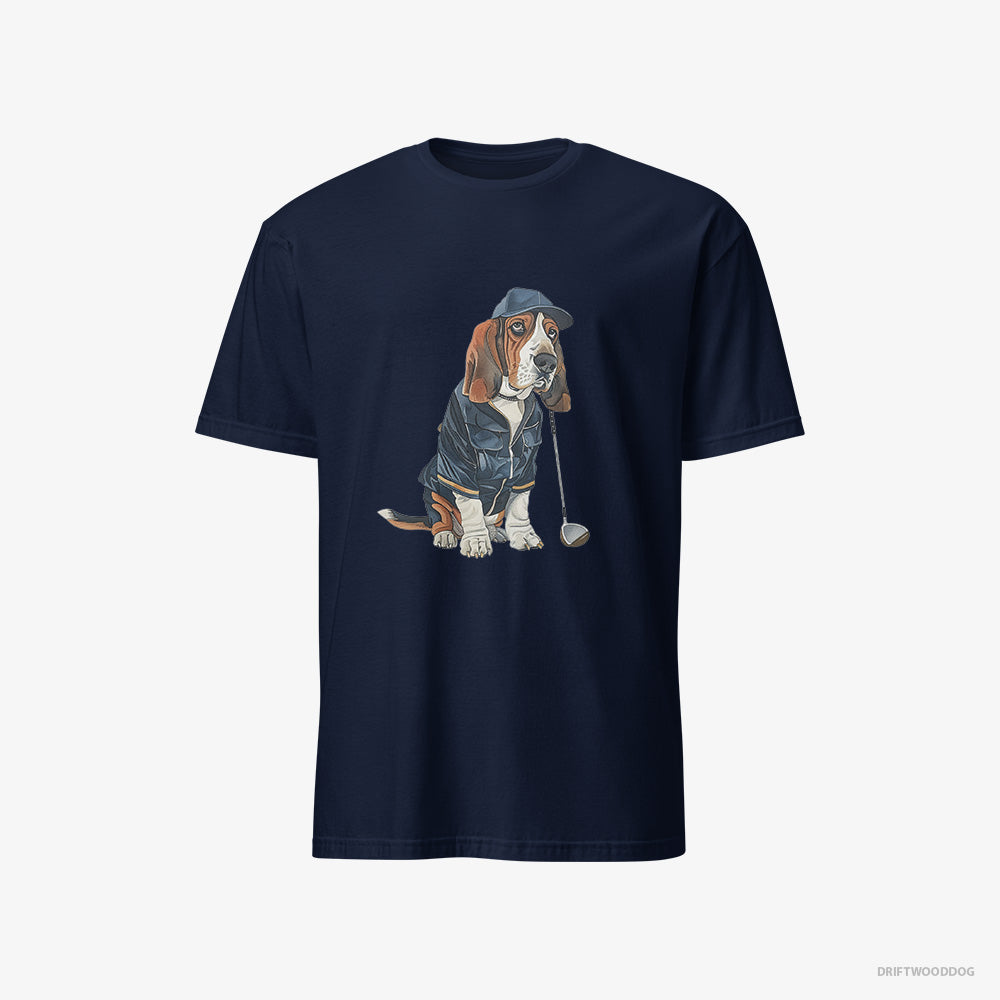 Basset Hound T-Shirt – Men Navy T-Shirt Classic – Ready for a Golf Challenge (on White Background)