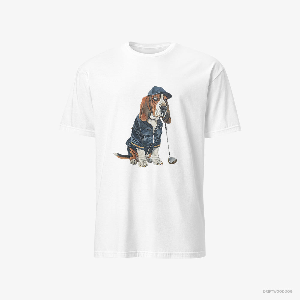 Basset Hound T-Shirt – Men White T-Shirt Classic – Ready for a Golf Challenge (on White Background)