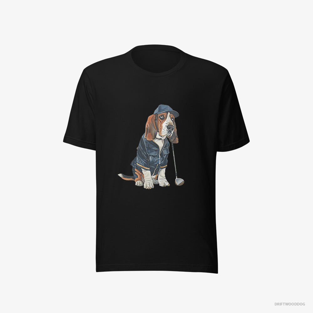 Basset Hound T-Shirt – Women Black T-Shirt Eco-Friendly – Ready for a Golf Challenge (on White Background)