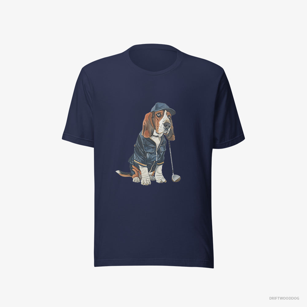 Basset Hound T-Shirt – Men Navy T-Shirt Eco-Friendly – Ready for a Golf Challenge (on White Background)