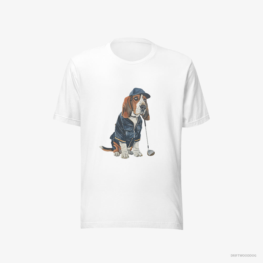 Basset Hound T-Shirt – Men White T-Shirt Eco-Friendly – Ready for a Golf Challenge (on White Background)