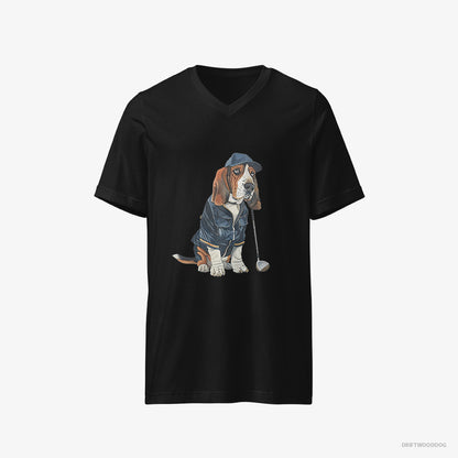 Basset Hound T-Shirt – Men Black T-Shirt V-Neck – Ready for a Golf Challenge (on White Background)