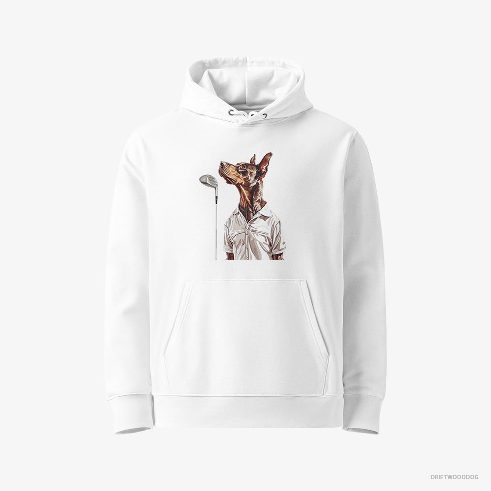 Dobermann Hoodie – Men White Hoodie Eco-Friendly – on a Golf Adventure (on White Background)