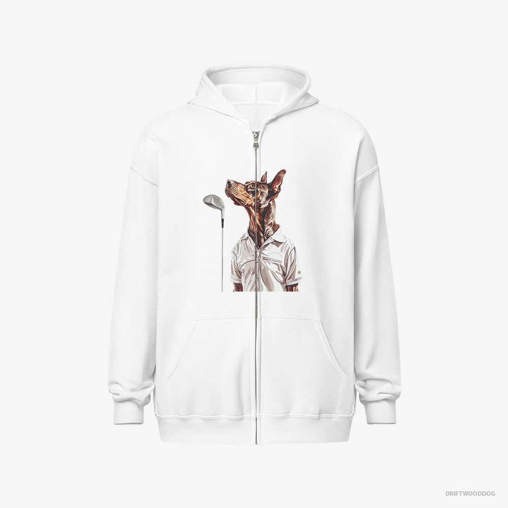 Dobermann Hoodie – Women White Hoodie Full-Zip – on a Golf Adventure (on White Background)