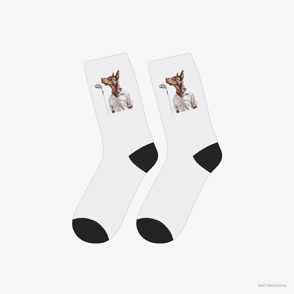 Dobermann Socks – Unisex White Socks Classic – on a Golf Adventure (on White Background)