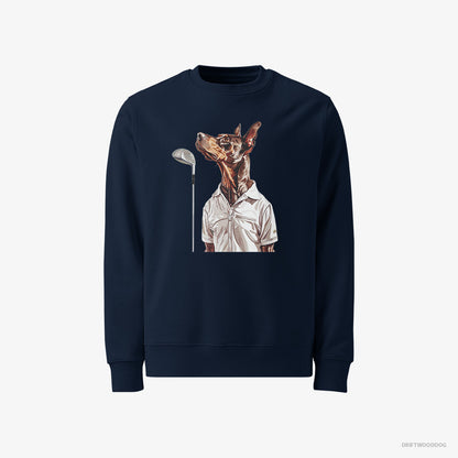 Dobermann Sweatshirt – Men Navy Sweatshirt Classic – on a Golf Adventure (on White Background)