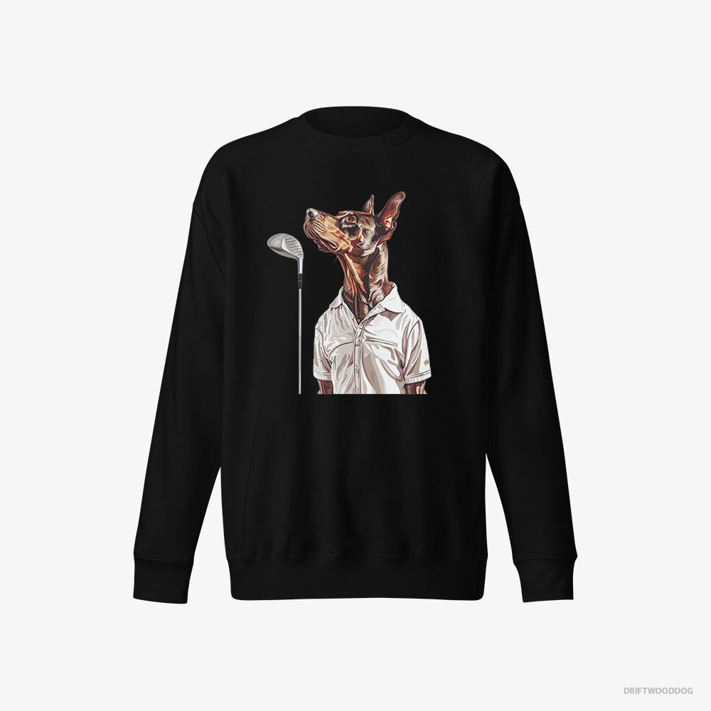 Dobermann Sweatshirt – Women Black Sweatshirt Eco-Friendly – on a Golf Adventure (on White Background)