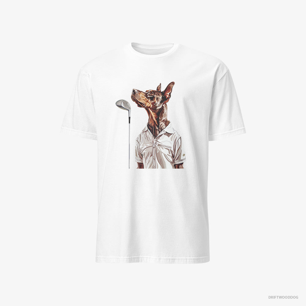 Dobermann T-Shirt – Men White T-Shirt Classic – on a Golf Adventure (on White Background)