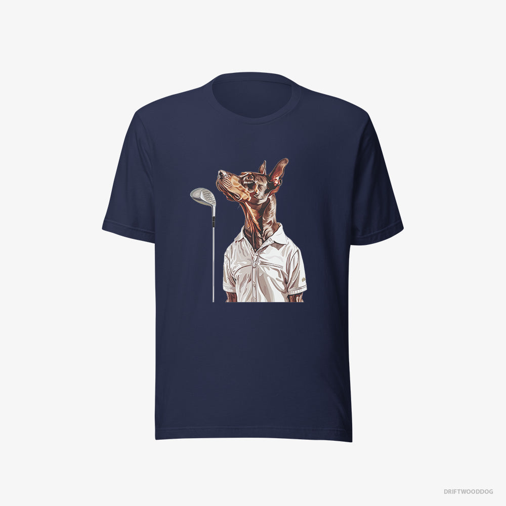 Dobermann T-Shirt – Men Navy T-Shirt Eco-Friendly – on a Golf Adventure (on White Background)