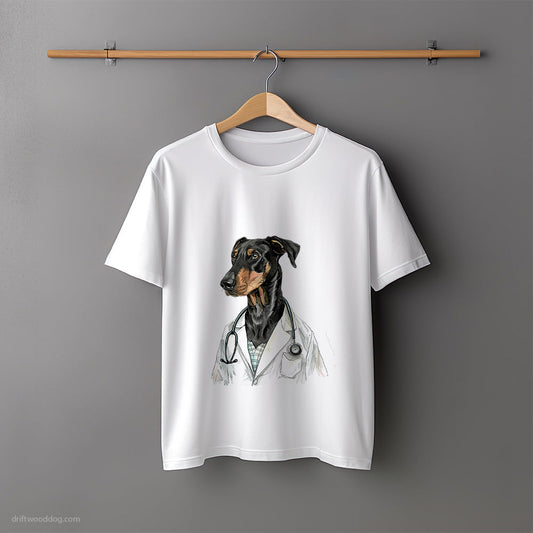 Dobermann Dressed as a Doctor T-Shirt – Unisex Tee for Dog Lovers