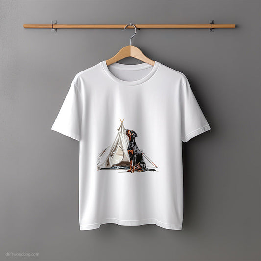 Dobermann Exploring Nature with a Tent T-Shirt – Unisex Tee for Dog Lovers