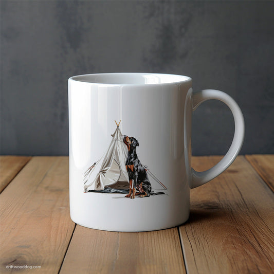 Dobermann Exploring Nature with a Tent Mug – Unique Dog Cups | Dog-Themed Mugs