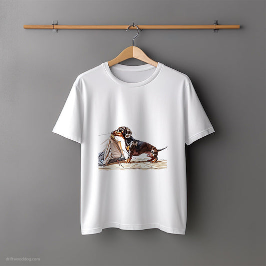 Dachshund Setting Up Camp in the Woods T-Shirt – Unisex Tee for Dog Lovers