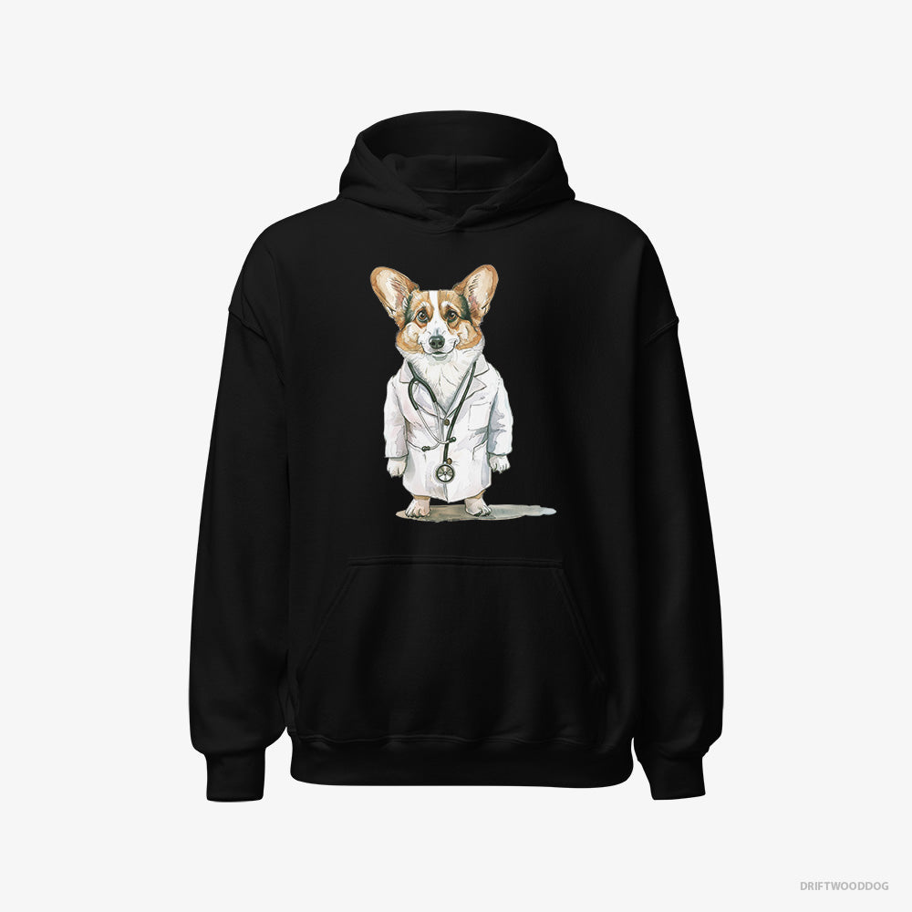 Corgi Hoodie – Men Black Hoodie Classic – Doctor of Happiness (on White Background)