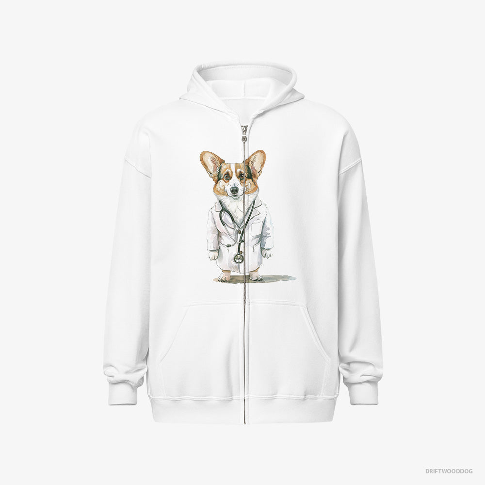 Corgi Hoodie – Men White Hoodie Full-Zip – Doctor of Happiness (on White Background)