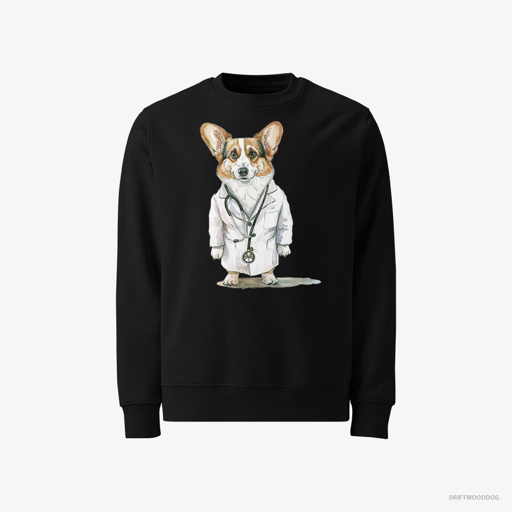 Corgi Sweatshirt – Men Black Sweatshirt Classic – Doctor of Happiness (on White Background)