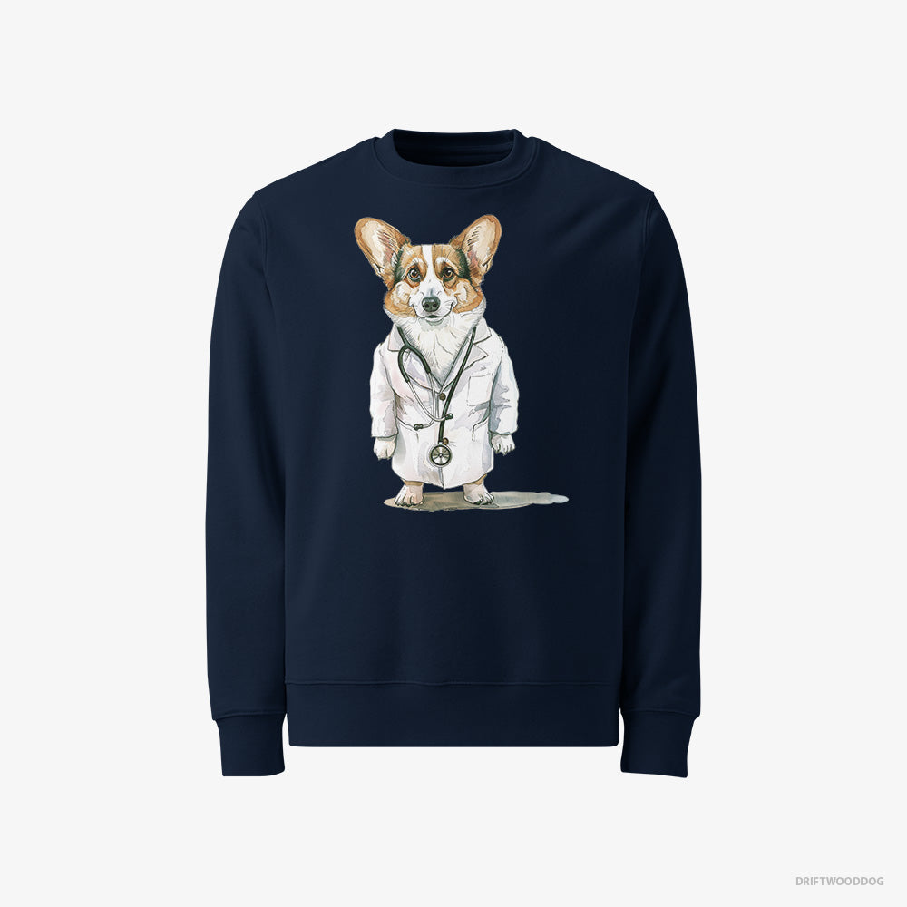 Corgi Sweatshirt – Men Navy Sweatshirt Classic – Doctor of Happiness (on White Background)