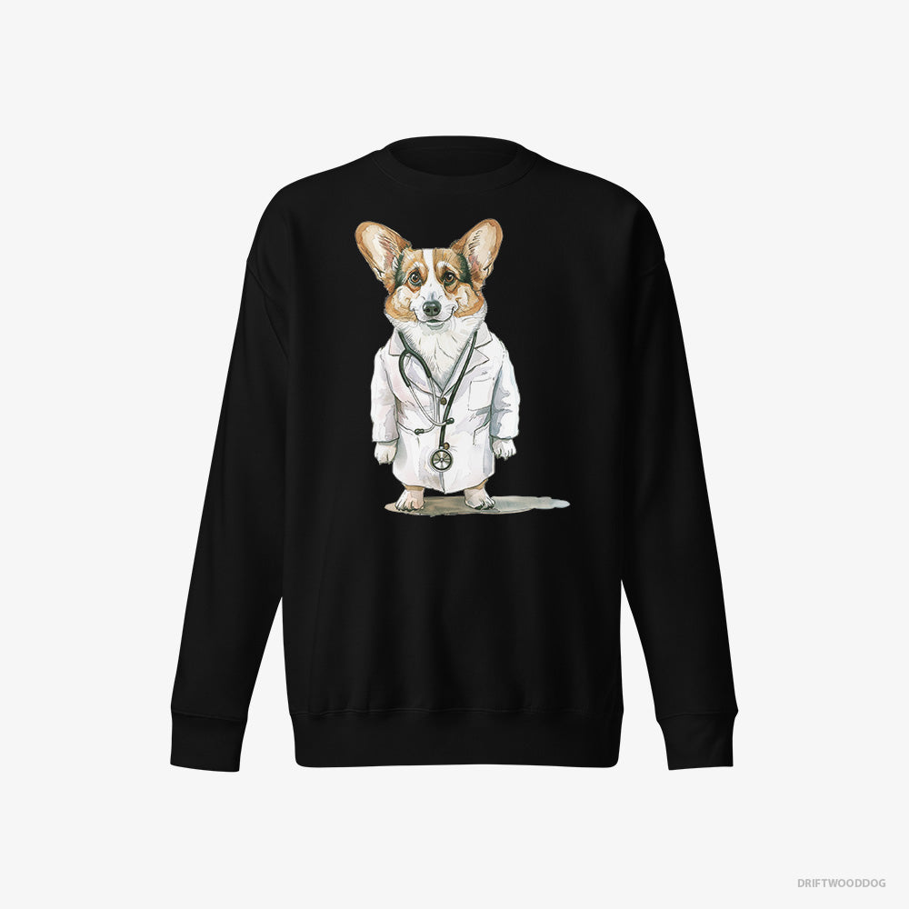 Corgi Sweatshirt – Men Black Sweatshirt Eco-Friendly – Doctor of Happiness (on White Background)