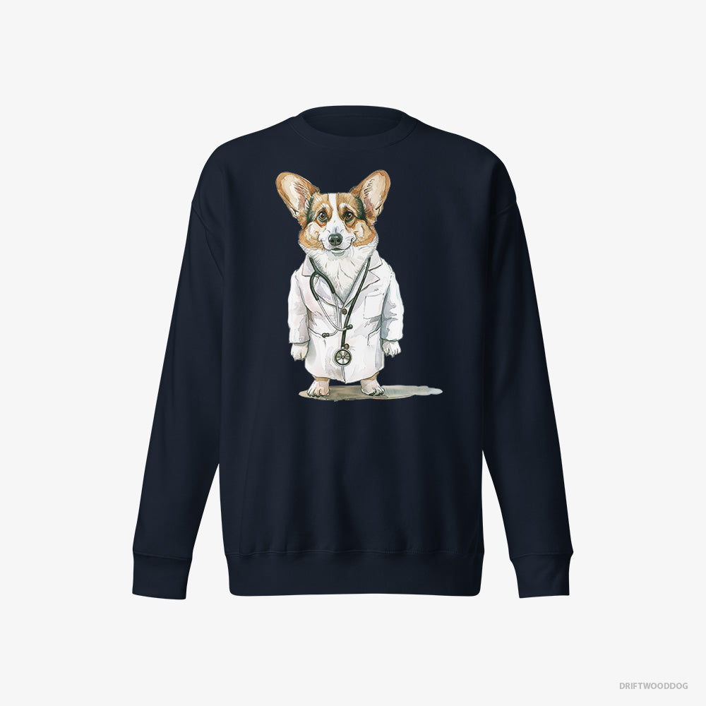 Corgi Sweatshirt – Women Navy Sweatshirt Eco-Friendly – Doctor of Happiness (on White Background)